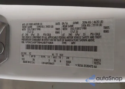 2017 Ford Escape S z USA, uszkodzony, nr VIN 1FMCU0F76HUB71065